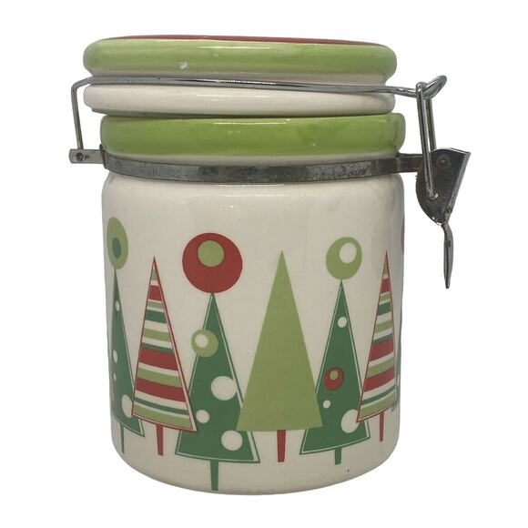 Christmas Trees Wire Bail Lidded Candy Coffee Treat Crock Canister Lucerne Foods - Picture 1 of 16